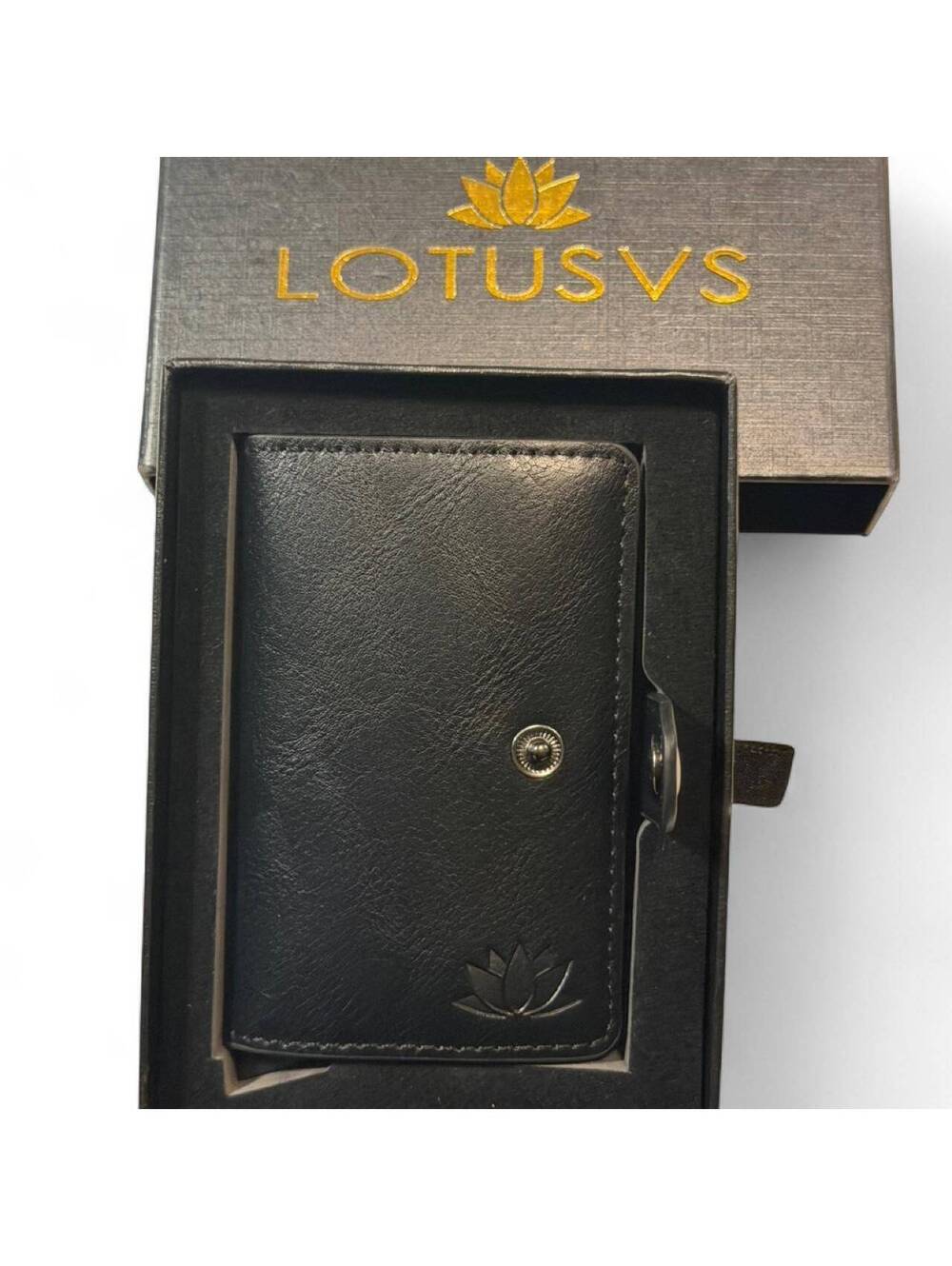 LOTUSVS Black Leather Wallet with Snap Closure & Card Holder